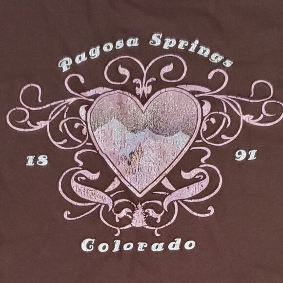 L  PAGOSA SPRINGS COLORADO CO brown pink HEART TSHIRT large - Picture 1 of 7